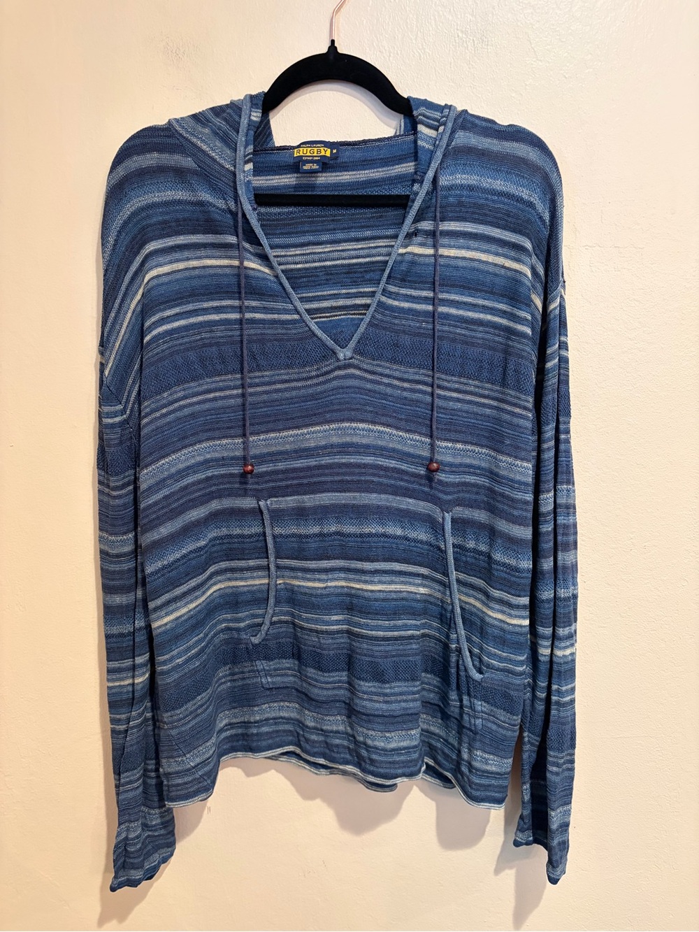 Ralph Lauren Rugby Striped 100% Linen Hoodie in Blue Hues, Lightweight, Men’s M